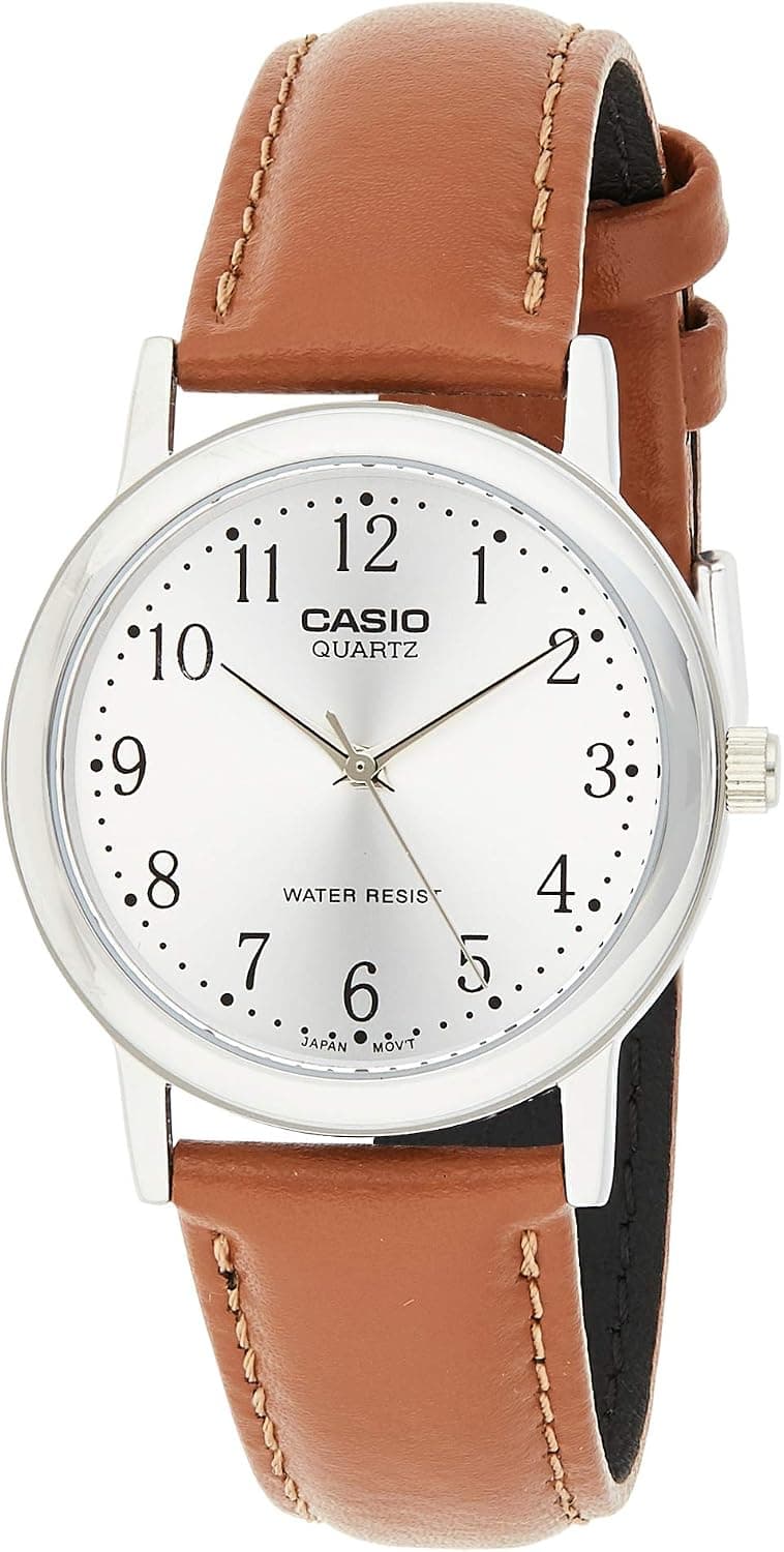 Casio MTP-1095E-7BDF Men's Classic Analog Watch (Silver Dial, Brown Leather Band)