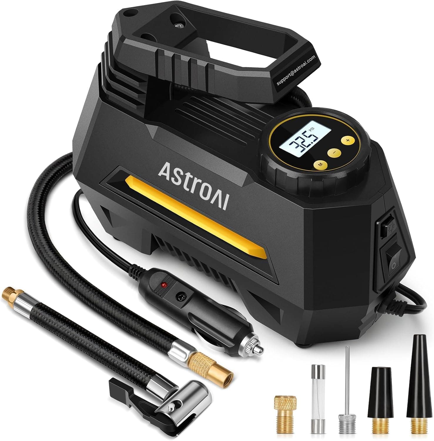 منفاخ إطارات السيارة الكهربائي المحمول AstroAI 12 فولت مع مقياس ضغط وإضاءة LED (أصفر)